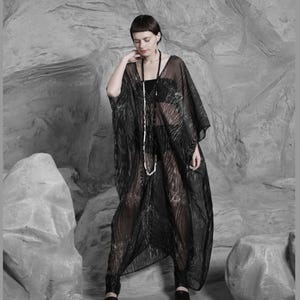 Bohemian Silk kaftan dress with wood texture print