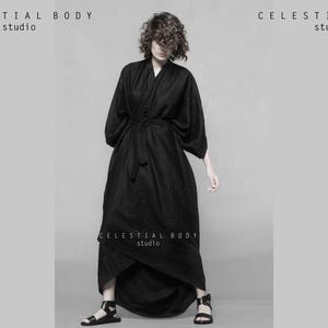 Black linen kimono style dress.  Japanese Avant Garde clothing. Cocoon cardigan. Kimono duster. Kimono cardigan. Linen poncho cape