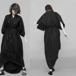 Black linen kimono style wrap dress Loose oversized poncho cape Lagenlook cocoon cardigan Meditation robe Linen cloak Medieval Linen duster