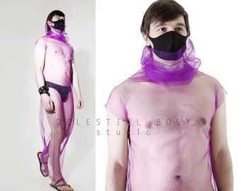 Festival outfit men Men rave shirt dress Gay Rave outfit Burning man clothing Futuristic clothing Purple mesh dress Cyberpunk clothing men