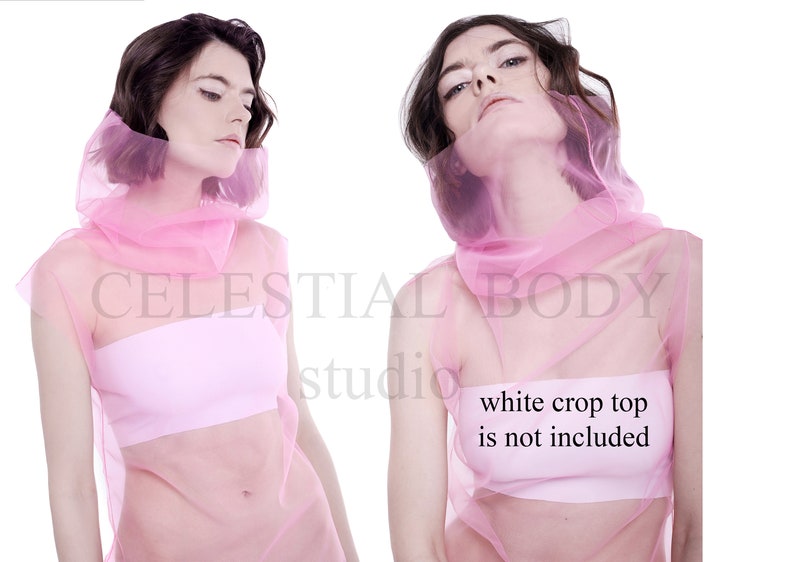 May include: A pink sheer top with a high neck and a loose fit. The top is made of a lightweight fabric and has a flowing silhouette. The text "white crop top is not included" is printed on the front of the top.