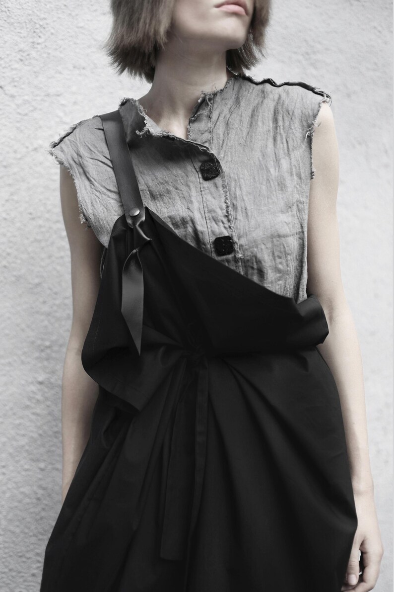Avant Garde Black Overall Skirt: Deconstructed Pinafore with Leather Strap. Japanese Avant Garde clothing image 12