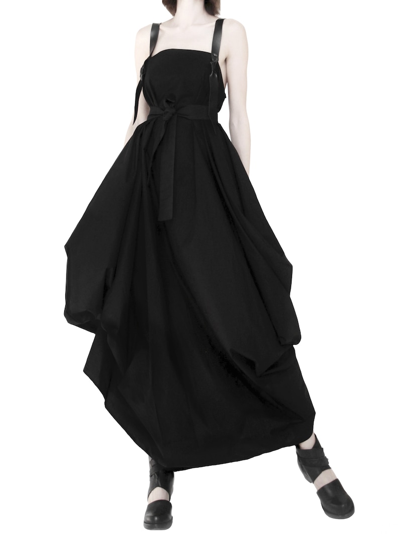 Avant garde pnafore dress with leather straps Lagenlook dress Deconstructed dress Black apron dress High low dress Black overall dress