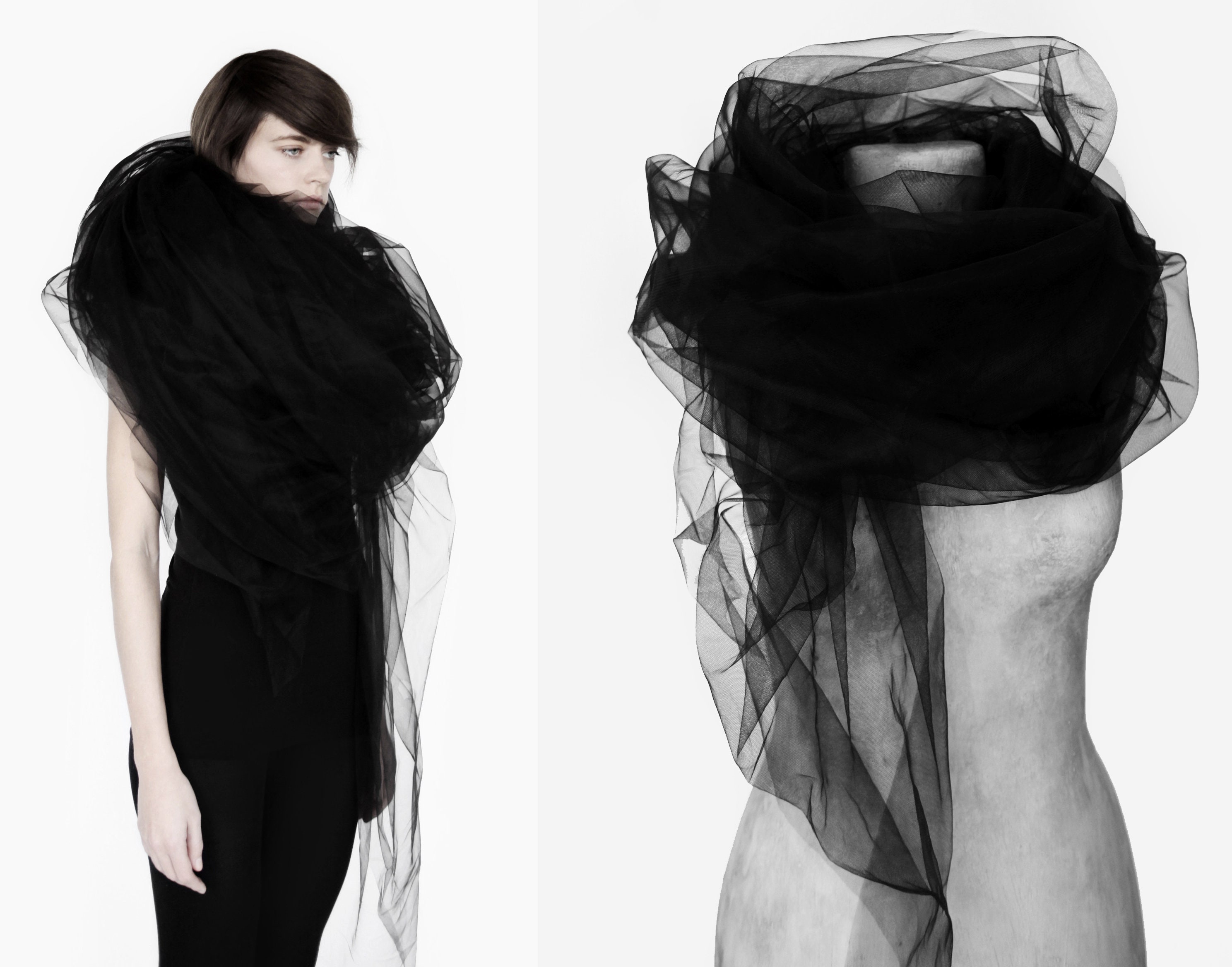 Futuristic tulle scarf wrap / avant-garde tulle black shawl / | Etsy