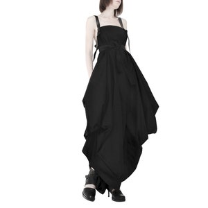 Black parachute dress Avant Garde pinafore dress Asymmetrical dress Extravagant Black overall dress with leather straps Deconstructed dress