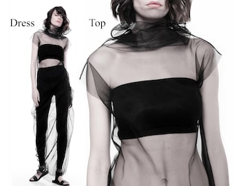 Women’s techwear dress Avant Garde Gothic dress Black sheer overdress Futuristic dress Cyberpunk mesh turtleneck top Transparent dress