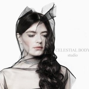 May include: A woman with long dark hair wears a black sheer veil and a silver choker necklace. The text "CELESTIAL BODY studio" is visible in the background.