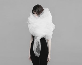 White tulle scarf Oversized scarf wrap White sheer shrug Goth Witch shawl veil Extravagant scarf Transparent scarf White mesh scarf