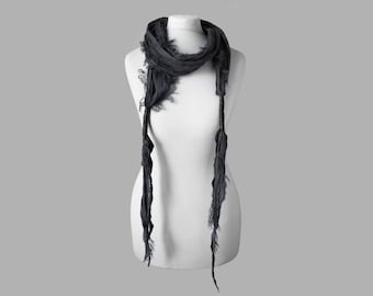 Artisan distressed linen scarf with and leather elements. Wasteland, Post-apocalyptic, nomad, dystopian fashion, survivor clothing