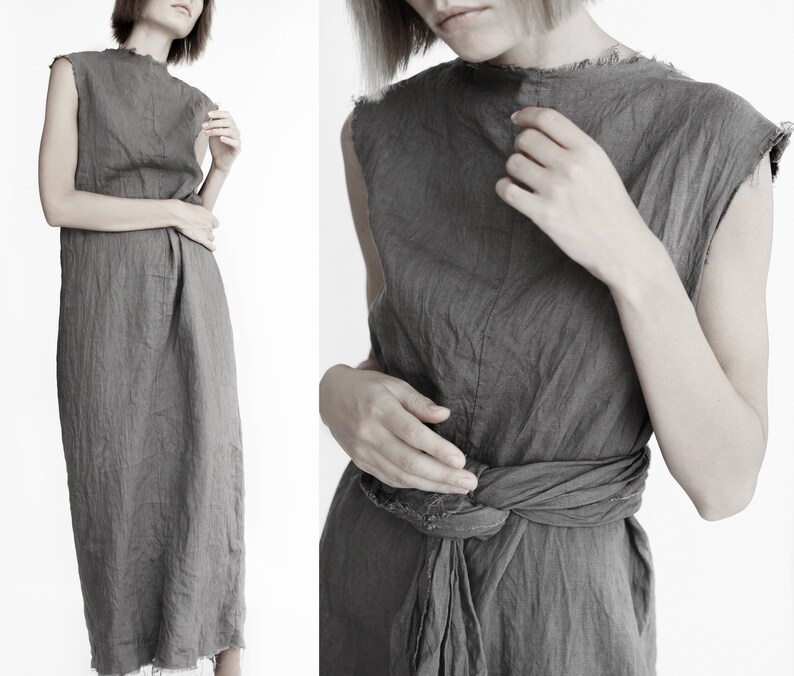 Witchy style black kaftan Boho turtleneck linen dress with raw edges Witchy style black kaftan Boho turtleneck linen dress with raw edges