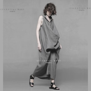 Avant Garde dress Deconstructed dress Draped linen tunic dress Lagenlook clothing Grey linen pinafore dress Extravagant asymmetrical dress