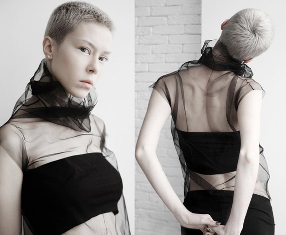 Extravagant Sheer Turtleneck Top Avant Garde Clothing Black