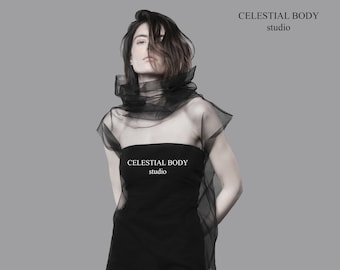 Puede incluir: Un vestido negro sin tirantes con un escote de volantes transparente. El texto "CELESTIAL BODY studio" está impreso en el vestido. El fondo es gris liso.