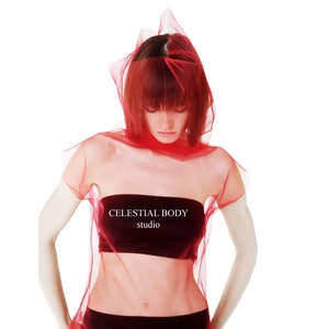 Red Sheer turtleneck top Red tulle top Futuristic clothing Rave outfit women Gay Club wear Cyberpunk clothing Red mesh top Tulle shirt