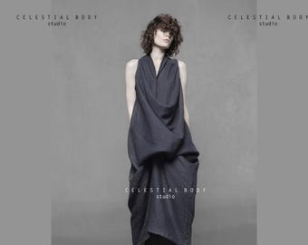 Avant-garde linen dress with draping detail in the front. Avant garde clothing for women