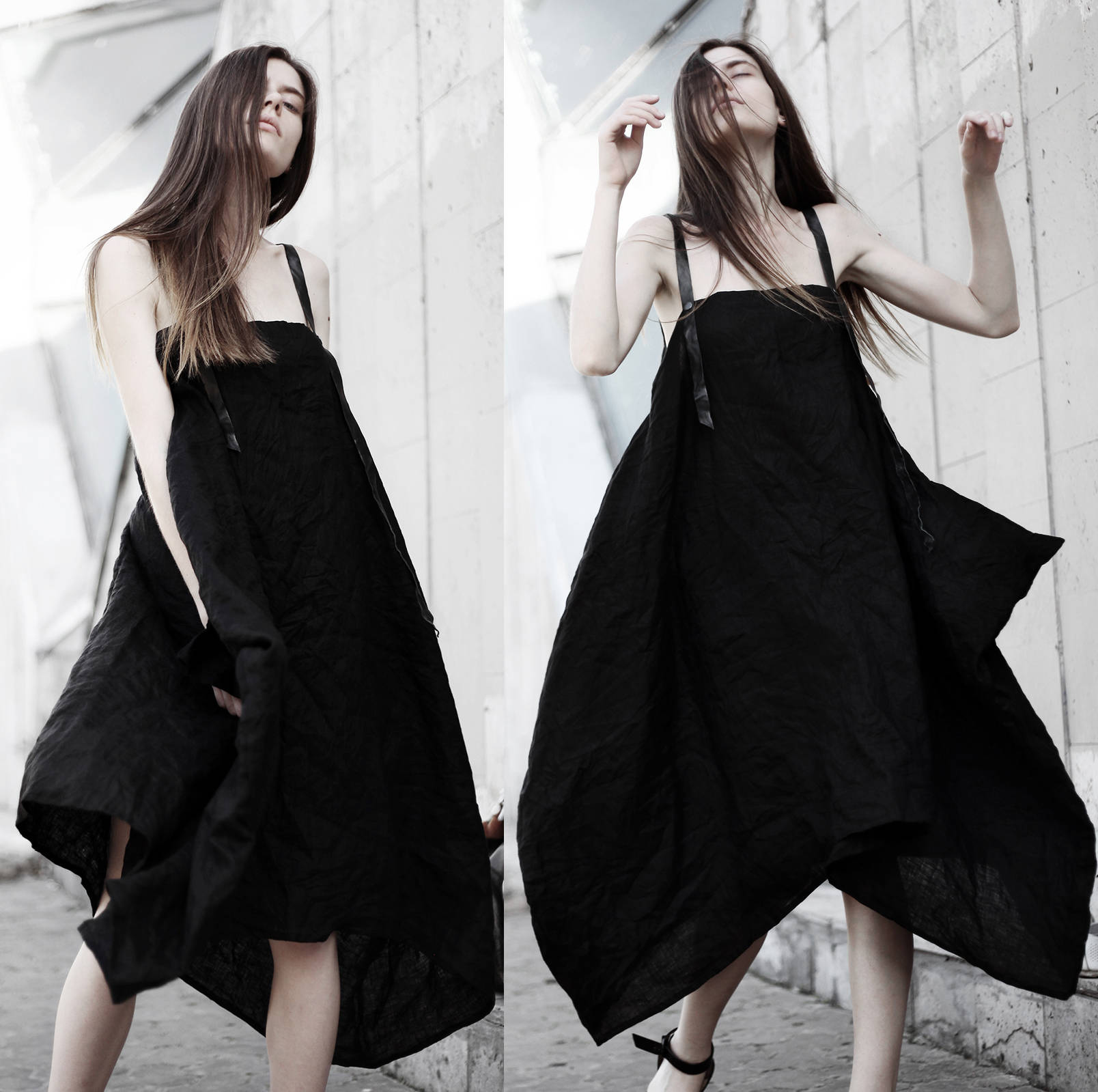 black linen pinafore dress