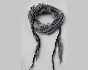 Dystopian post apocalyptic scarf - Distressed linen scarf with leather elements. Avant garde clothing
