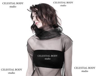 Avant garde top. Black Mesh turtleneck top. Tulle top. Avant Garde clothing. Sheer turtleneck top. Futuristic shirt. Gothic blouse.