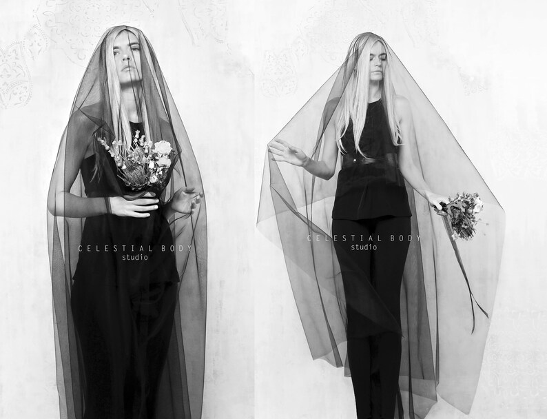 Gothic Black Wedding Veil With Blusher Black Bridal Veil Avant Etsy