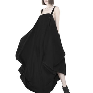 Avant garde pnafore dress with leather straps Lagenlook dress Deconstructed dress Black apron dress High low dress Black overall dress