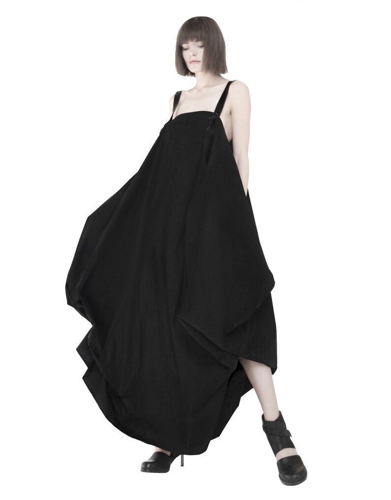 Avant garde pnafore dress with leather straps Lagenlook dress Deconstructed dress Black apron dress High low dress Black overall dress
