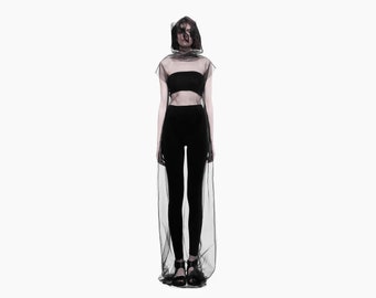 Futuristic cyberpunk Goth rave dress Black sheer dress Edgy clothing Berlin Berghain club wear Tulle Sheer overdress Avant garde clothing