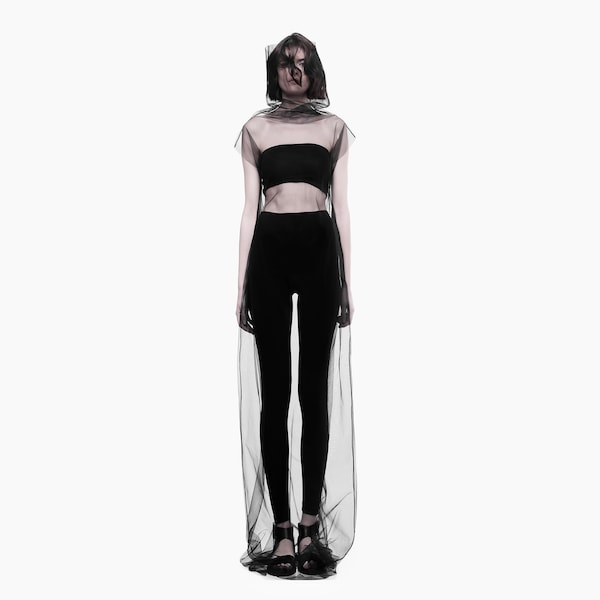 Robe avant-gardiste japonaise superposée en tulle transparent Robe futuriste Robe cyberpunk Haut à col roulé gothique punk rave en maille Robe Techwear