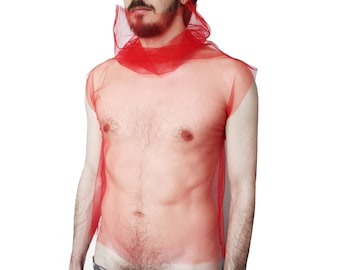 Extravagant Red mesh shirt Futuristic clothing Red sheer t-shirt Rave Transparent red mesh turtleneck top Berghain outfit Gay club wear