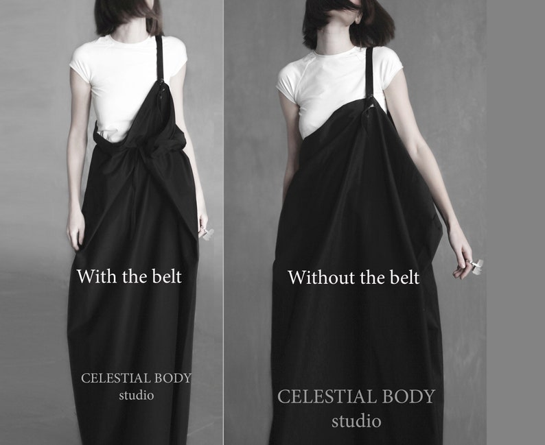 May include: A black linen dress with a single strap. The dress is shown with and without a belt. The text "With the belt" and "Without the belt" is shown below the images. The text "CELESTIAL BODY studio" is shown below the images.