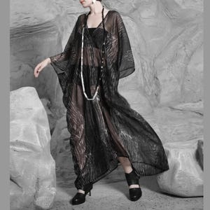 Bohemian kaftan. Long silk kaftan dress with wood texture print. Sheer beach kaftan. Lounge wear. Extravagant dress. Sheer overdress.
