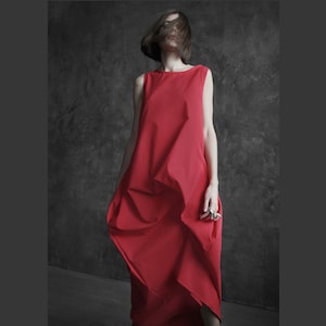 Avant-garde asymmetrical dress Deconstructed dress Bridesmaid dress  Lagenlook pinafore  Extravagant dress Long red dress Draped dress