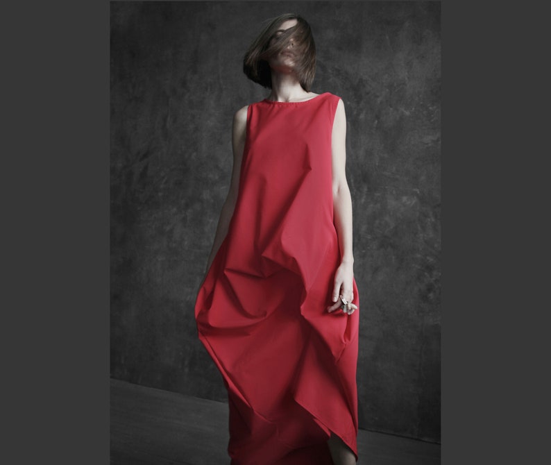 Avant-garde asymmetrical dress Deconstructed dress Bridesmaid dress  Lagenlook pinafore  Extravagant dress Long red dress Draped dress