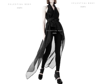 sheer black jacket for evening dress Long Formal Dress with Beaded Long-Sleeve Jacket Navy / 14