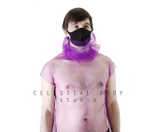 Rave-Set: durchsichtiges Netz-Hemdkleid + Kristallhalsband Festivalkostüm Gay Rave-Kleidung Futuristische Kleidung für Männer Burning Man-Kleidung Herrenkleid