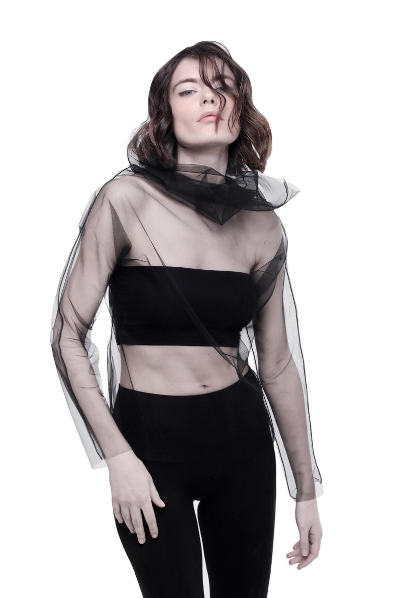 Black Mesh turtleneck top Tulle top Avant Garde top Long sleeve sheer turtleneck top Futuristic Cyberpunk top High neck Transparent t-shirt