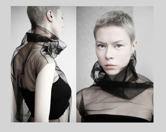 Extravagantes Kleid Avantgarde dark fashion Futuristisches Cyberpunk Top Mesh Rollkragen Top Schiere Überkleid Goth Rave Gybergoth Dystopian