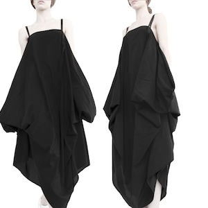 Avant garde pnafore dress with leather straps Lagenlook dress Deconstructed dress Black apron dress High low dress Black overall dress