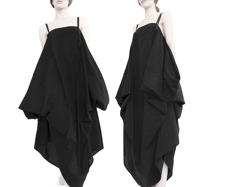 Avant garde pnafore dress with leather straps Lagenlook dress Deconstructed dress Black apron dress High low dress Black overall dress