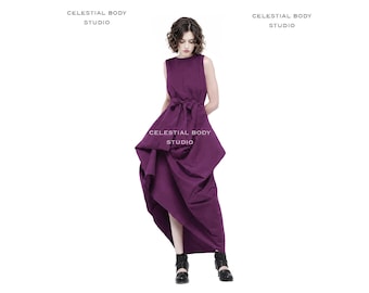 Extravagant Asymmetrical maxi dress in grape purple, maroon, black or red color. Extravagant clothing for women.
