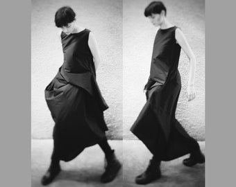 Avant-garde dress Extravagant dress Deconstructed dress Parachute pinafore dress Asymmetrical black maxi dress Goth steampunk high low dress