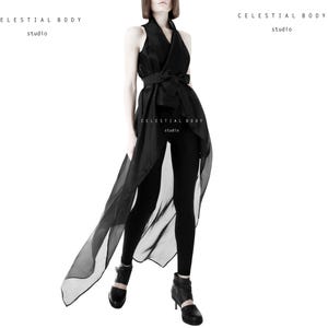 Long black silk organza overlay top. Sheer overdress. Extravagant dress. Transparent sheer vest.