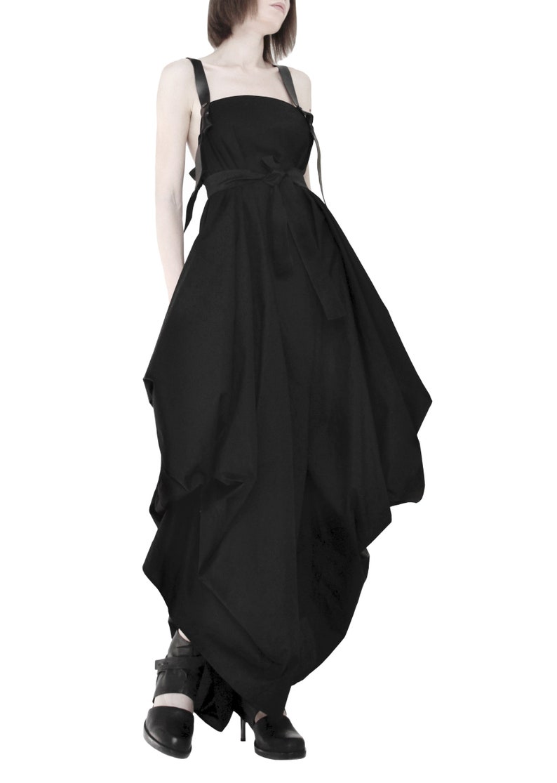 Avant garde pnafore dress with leather straps Lagenlook dress Deconstructed dress Black apron dress High low dress Black overall dress