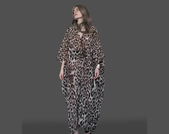 Leopard print kaftan. Long kaftan dress with leopard print. Animal print kaftan. LAST PIECE - SIZE S-M for the height 5'2" / 160cm