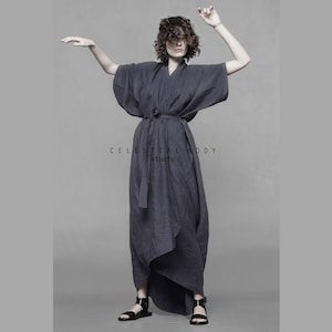 Japanese avant garde linen kimono style wrap dress. Linen Kimono duster. Loose oversized linen kimono cardigan. Avant garde clothing