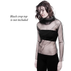 Black Mesh turtleneck top Tulle top Avant Garde top Long sleeve sheer turtleneck top Futuristic Cyberpunk top High neck Transparent t-shirt image 2