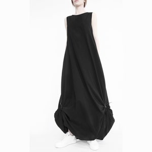 Extravagant asymmetrical black parachute maxi dress with leather elements  Lagenlook pinafore Avant Garde dress Long black draped dress