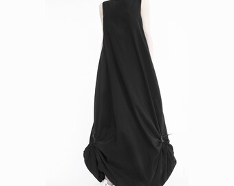 Extravagant asymmetrical black parachute maxi dress with leather elements  Lagenlook pinafore Avant Garde dress Long black draped dress