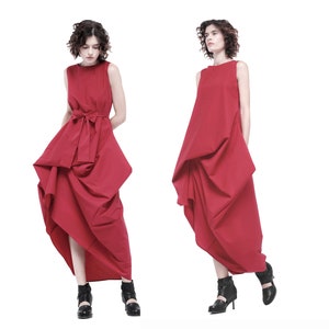 Avant-garde asymmetrical dress Deconstructed dress Bridesmaid dress  Lagenlook pinafore  Extravagant dress Long red dress Draped dress