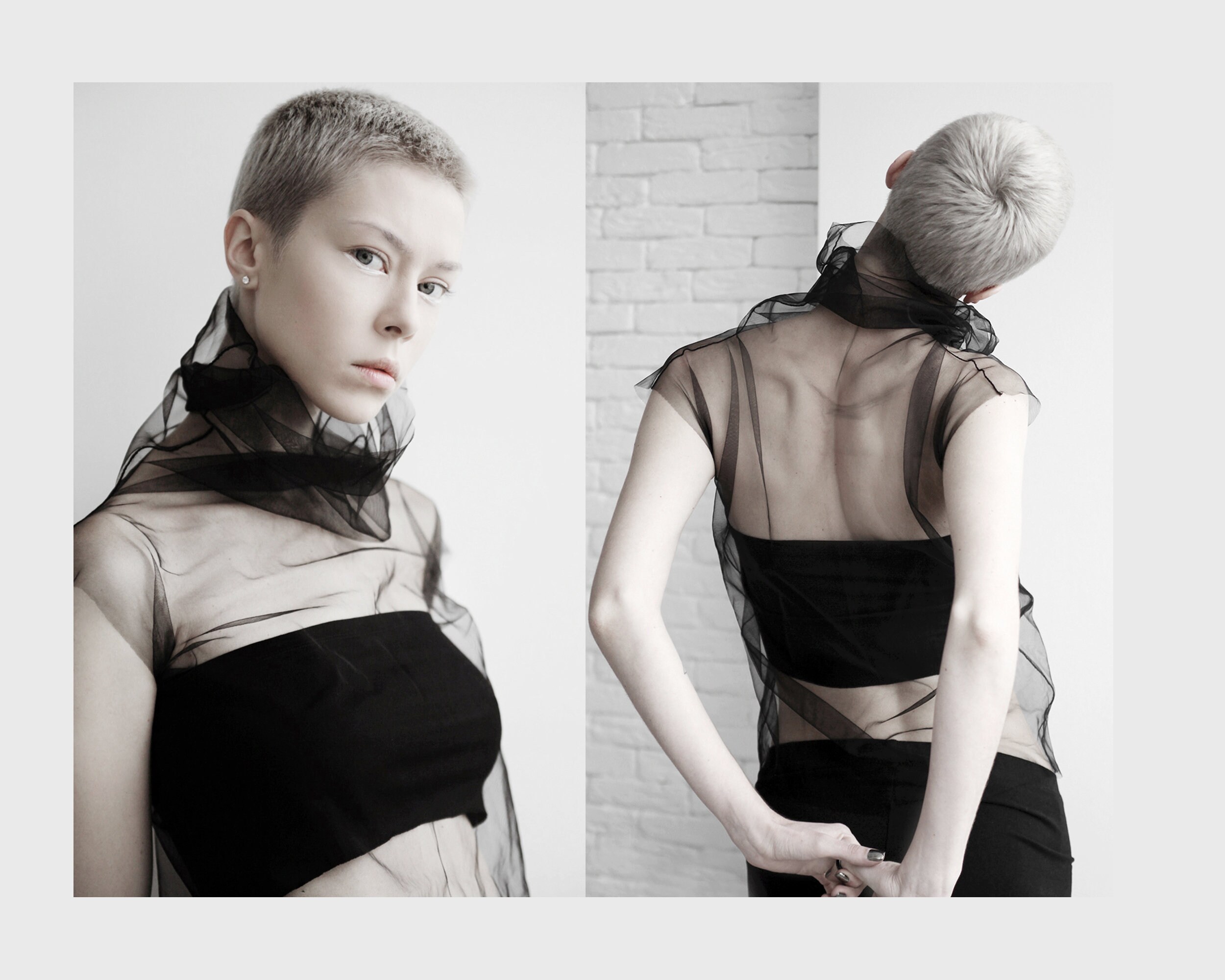 Mesh Turtleneck Top Black High Neck Tulle Blouse Futuristic