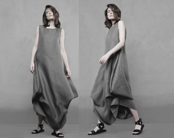 Avant garde dress. Asymmetrical Linen Maxi Dress: Avant Garde Draped Pinafore dress. Avant garde clothing